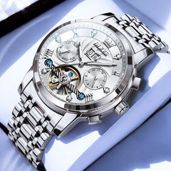 OLEVS Open Heart Multifunction Automatic Mechanical Watch 9910 Big Date for Men - Silver White Watch | Olevs Watch Store