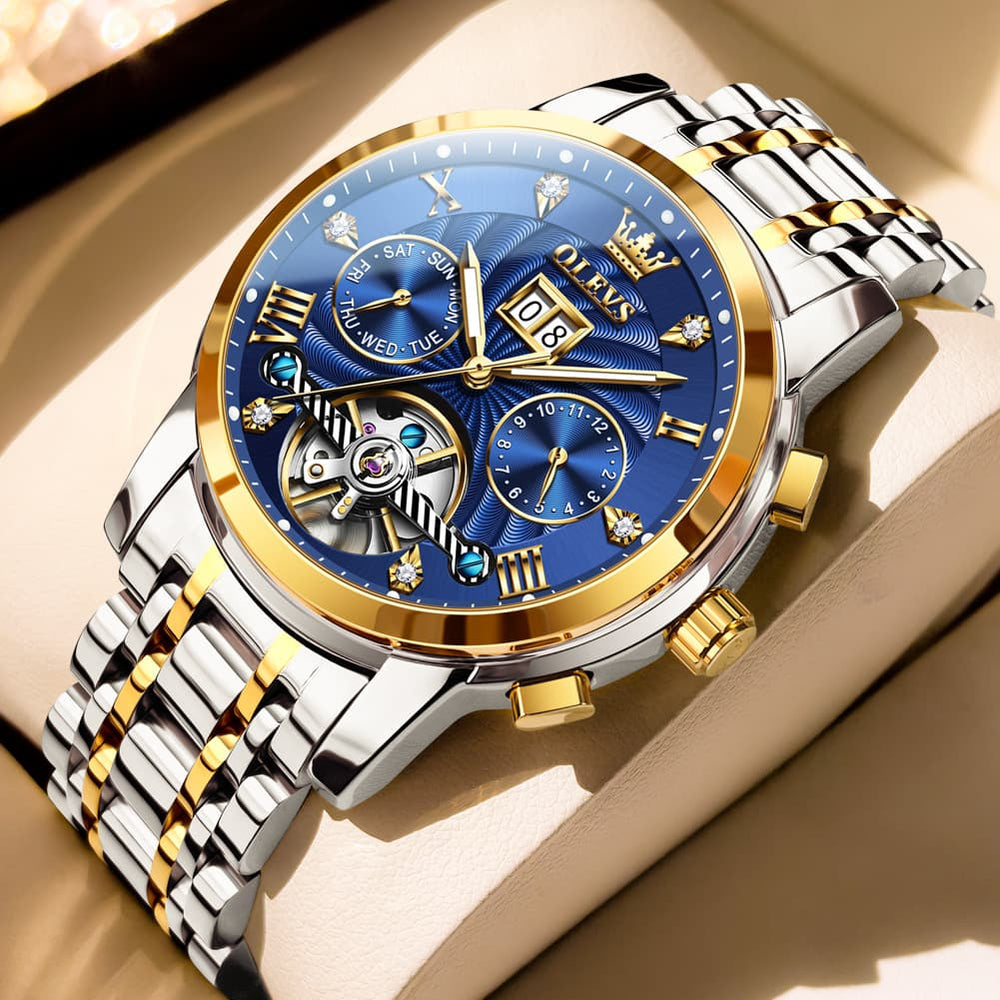 OLEVS Open Heart Multifunction Automatic Mechanical Watch 9910 Big Date for Men - Two Tone Blue Watch | Olevs Watch Store