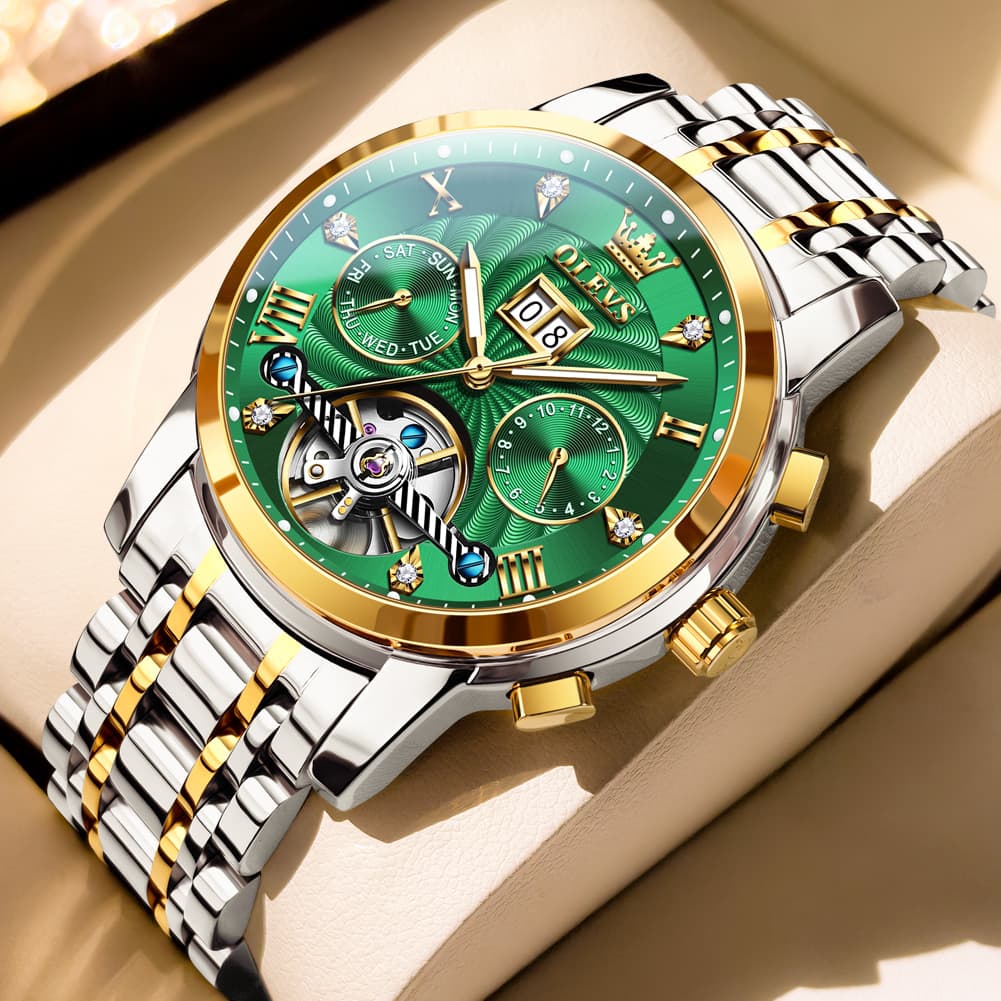 OLEVS Open Heart Multifunction Automatic Mechanical Watch 9910 Big Date for Men - Two Tone Green Watch | Olevs Watch Store