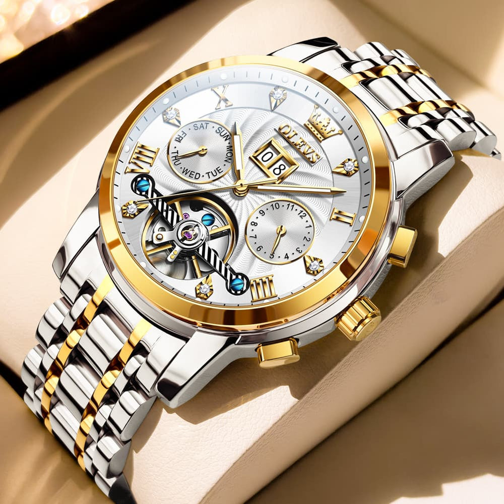 OLEVS Open Heart Multifunction Automatic Mechanical Watch 9910 Big Date for Men - Two Tone White Watch | Olevs Watch Store