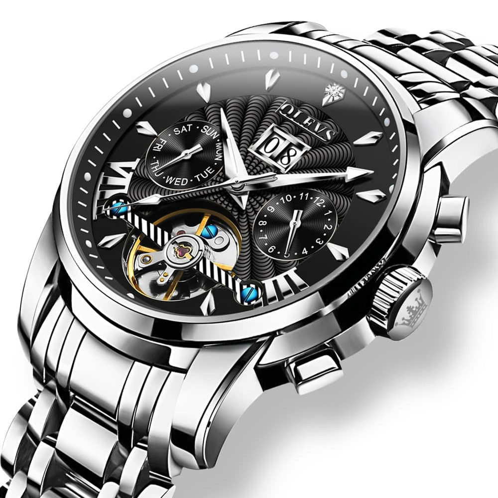 OLEVS Open Heart Multifunction Automatic Mechanical Watch 9965 Big Date for Men - All Black Watch | Olevs Watch Store