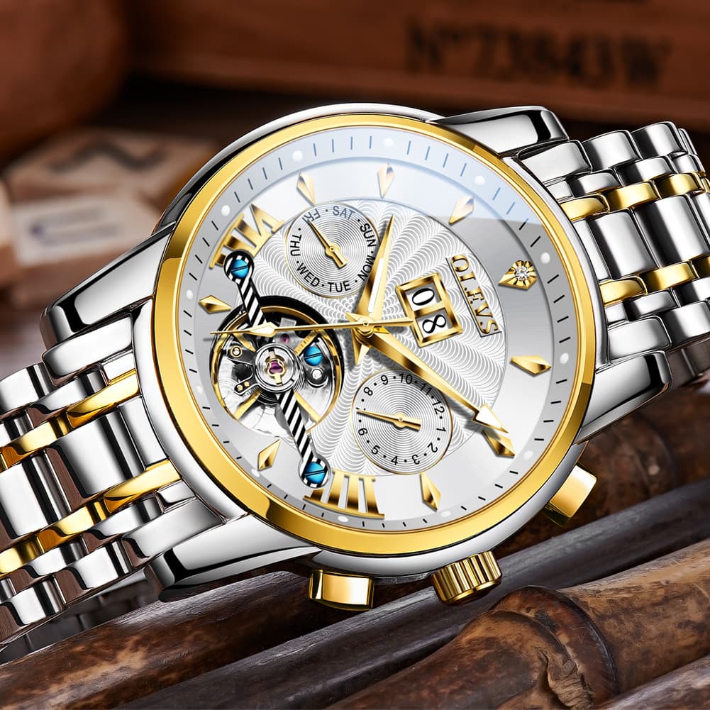OLEVS Open Heart Multifunction Automatic Mechanical Watch 9965 Big Date for Men - All Black Watch | Olevs Watch Store