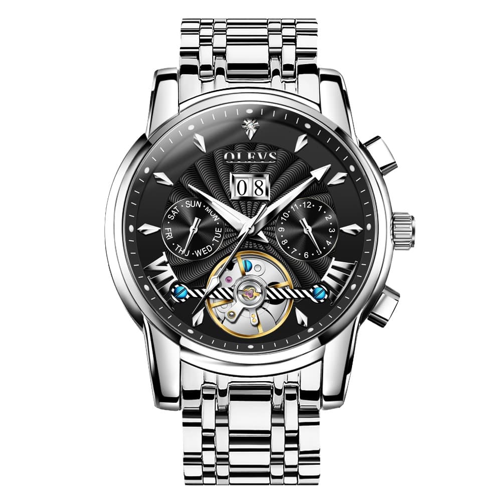 OLEVS Open Heart Multifunction Automatic Mechanical Watch 9965 Big Date for Men - All Black Watch | Olevs Watch Store