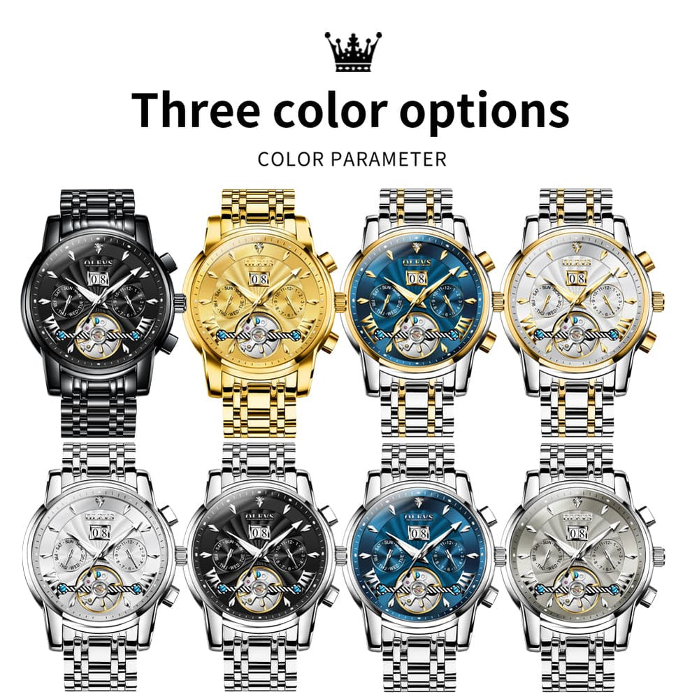 OLEVS Open Heart Multifunction Automatic Mechanical Watch 9965 Big Date for Men - All Black Watch | Olevs Watch Store