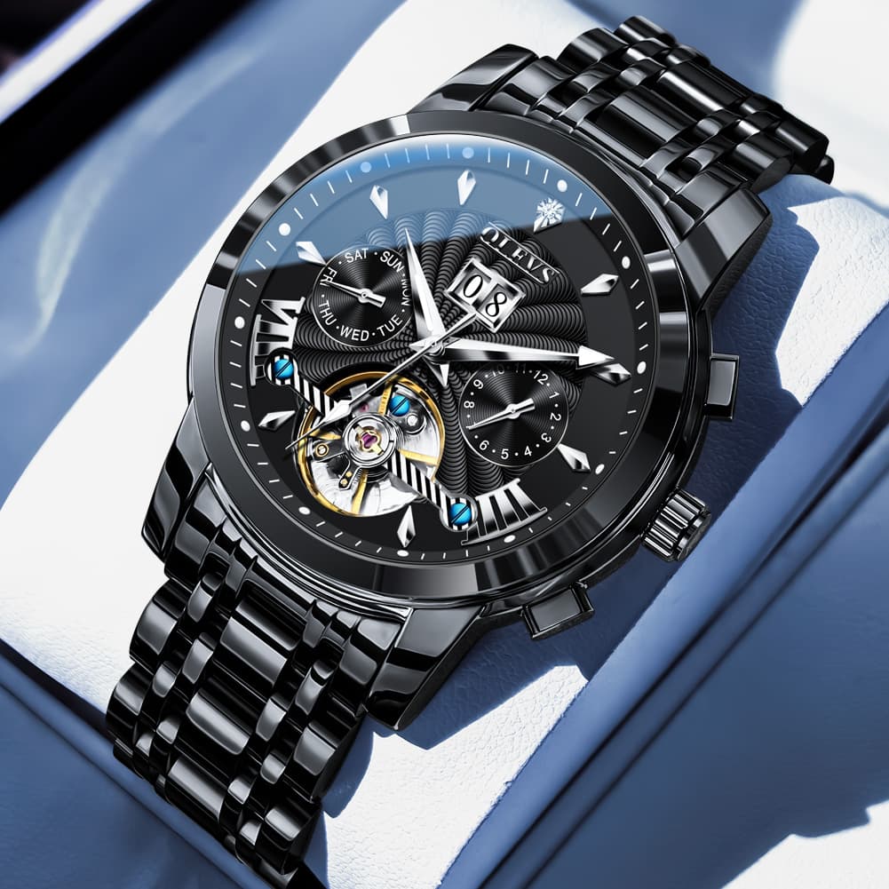 OLEVS Open Heart Multifunction Automatic Mechanical Watch 9965 Big Date for Men - All Black Watch | Olevs Watch Store
