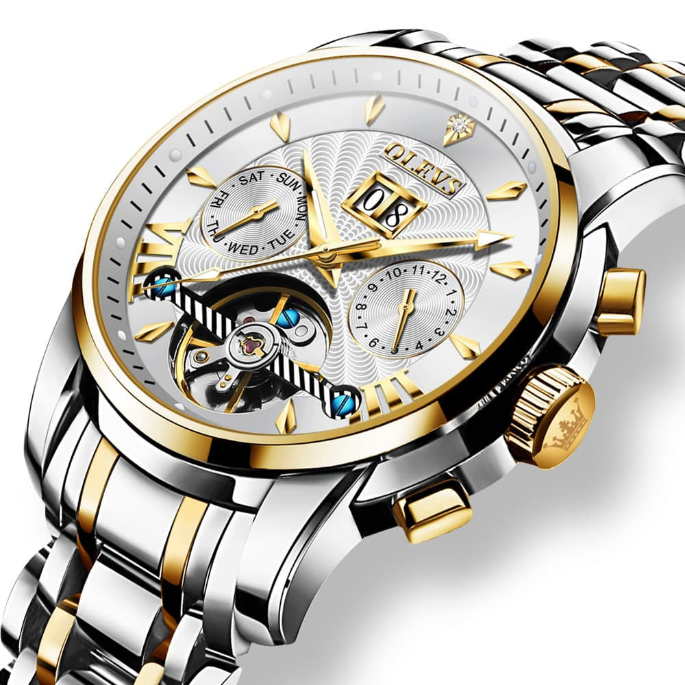 OLEVS Open Heart Multifunction Automatic Mechanical Watch 9965 Big Date for Men - All Black Watch | Olevs Watch Store