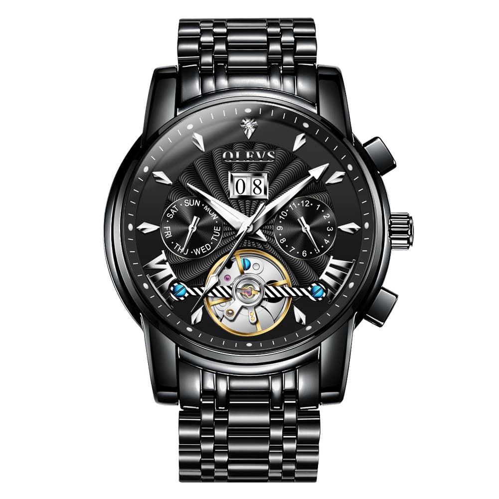 OLEVS Open Heart Multifunction Automatic Mechanical Watch 9965 Big Date for Men - All Black Watch | Olevs Watch Store