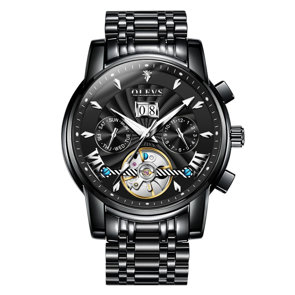 OLEVS Open Heart Multifunction Automatic Mechanical Watch 9965 Big Date for Men - All Black Watch | Olevs Watch Store