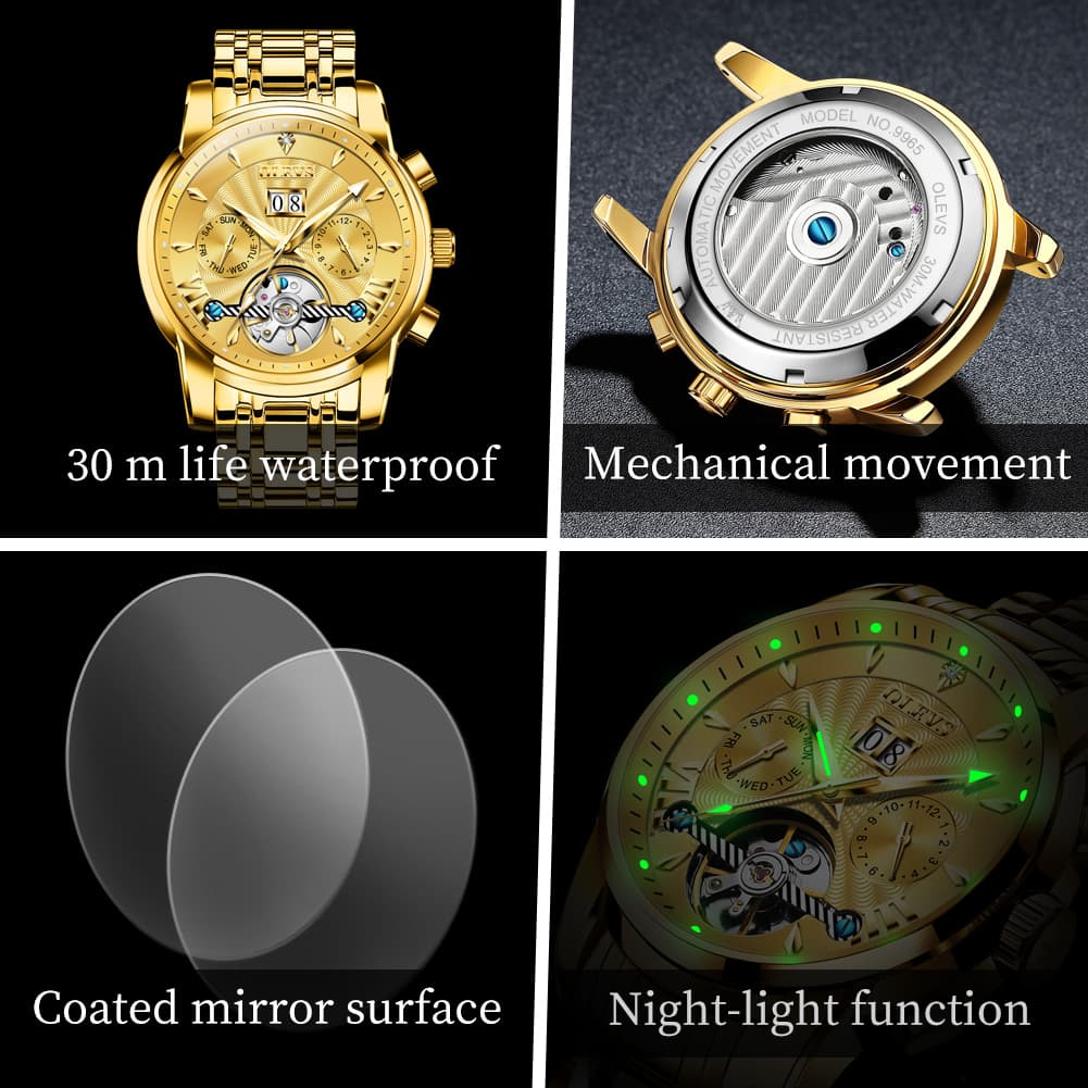 OLEVS Open Heart Multifunction Automatic Mechanical Watch 9965 Big Date for Men - All Black Watch | Olevs Watch Store