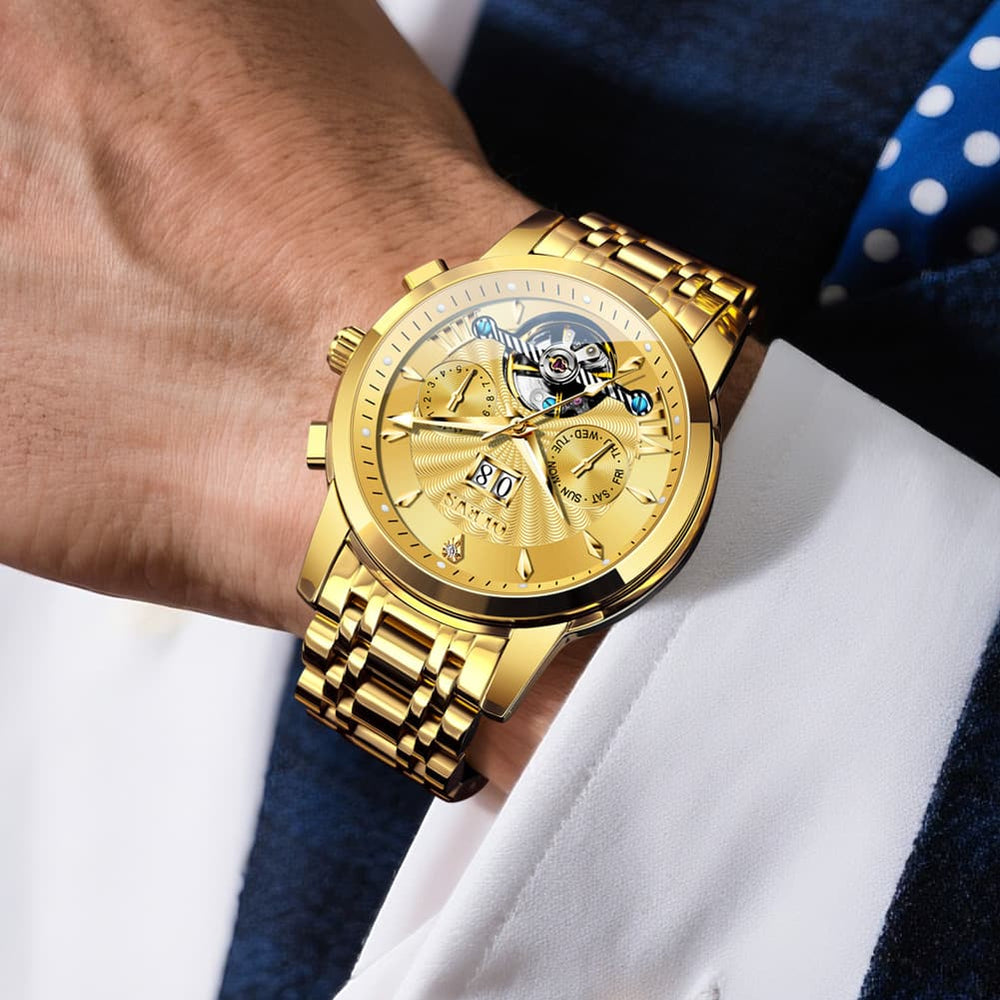 OLEVS Open Heart Multifunction Automatic Mechanical Watch 9965 Big Date for Men - All Black Watch | Olevs Watch Store