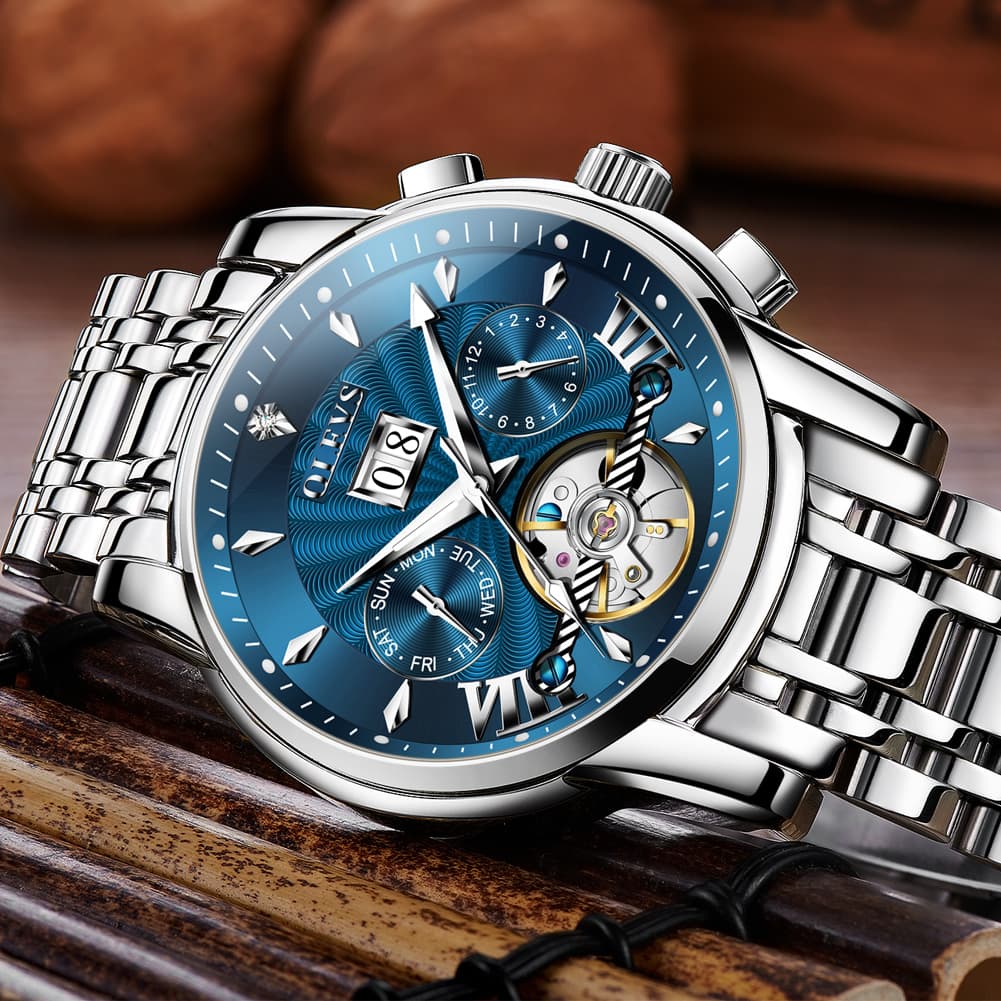 OLEVS Open Heart Multifunction Automatic Mechanical Watch 9965 Big Date for Men - All Black Watch | Olevs Watch Store