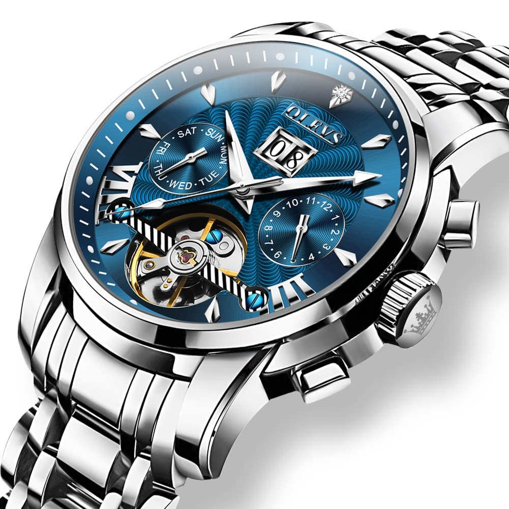 OLEVS Open Heart Multifunction Automatic Mechanical Watch 9965 Big Date for Men - All Black Watch | Olevs Watch Store