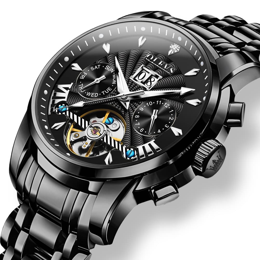 OLEVS Open Heart Multifunction Automatic Mechanical Watch 9965 Big Date for Men - All Black Watch | Olevs Watch Store