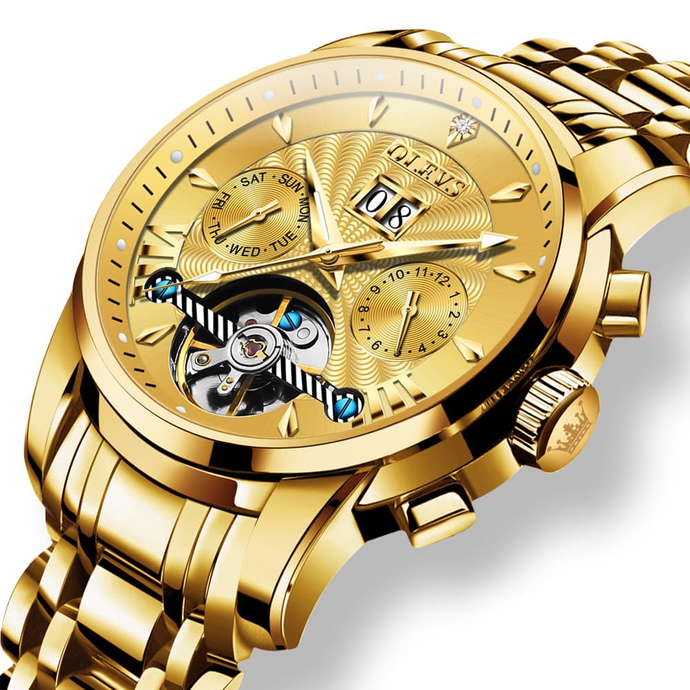 OLEVS Open Heart Multifunction Automatic Mechanical Watch 9965 Big Date for Men - All Black Watch | Olevs Watch Store