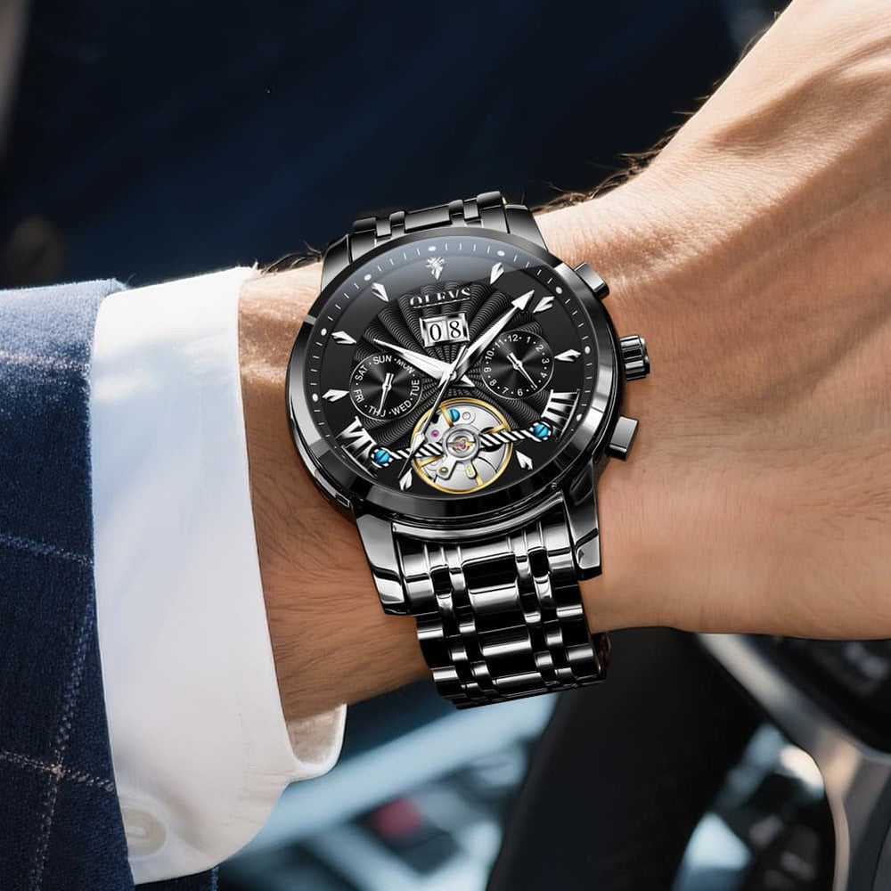OLEVS Open Heart Multifunction Automatic Mechanical Watch 9965 Big Date for Men - All Black Watch | Olevs Watch Store