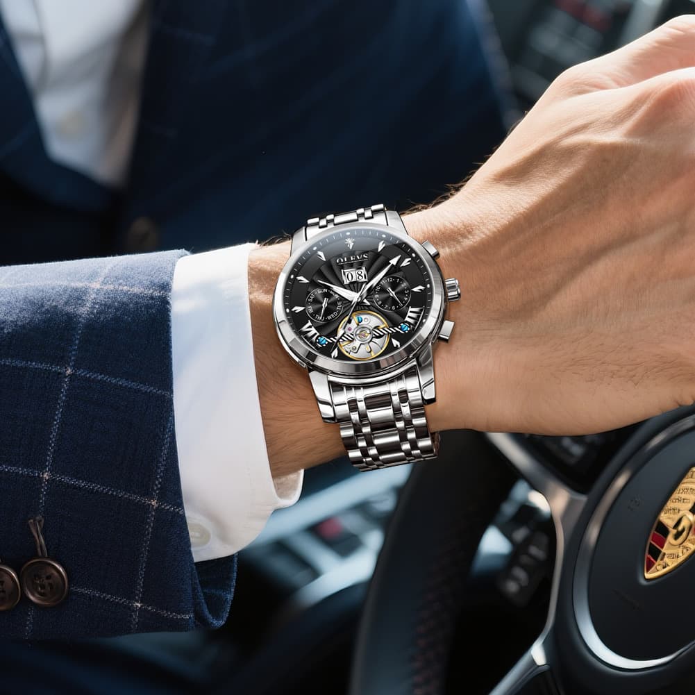 OLEVS Open Heart Multifunction Automatic Mechanical Watch 9965 Big Date for Men - All Black Watch | Olevs Watch Store