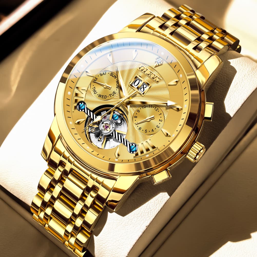 OLEVS Open Heart Multifunction Automatic Mechanical Watch 9965 Big Date for Men - All Gold Watch | Olevs Watch Store