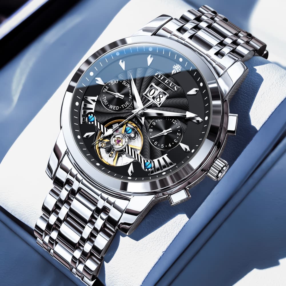 OLEVS Open Heart Multifunction Automatic Mechanical Watch 9965 Big Date for Men - Silver Black Watch | Olevs Watch Store