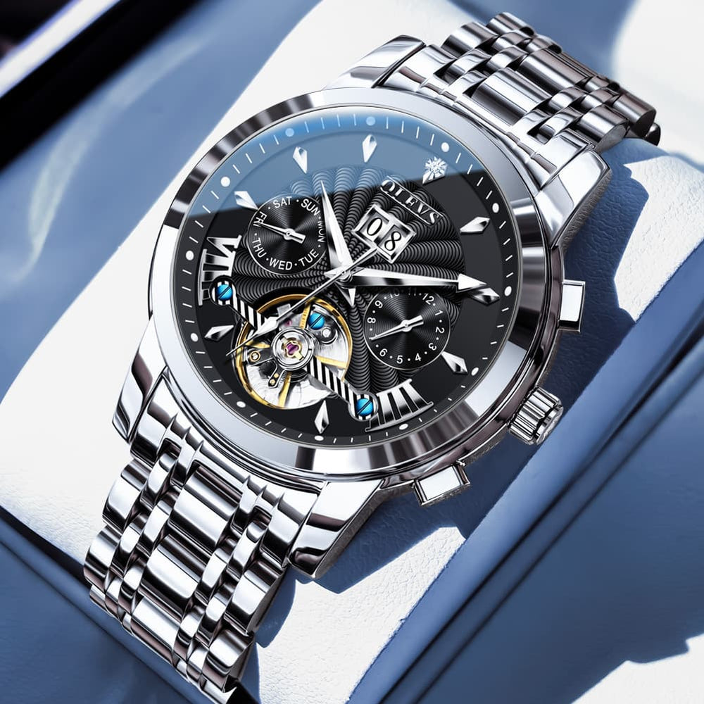 OLEVS Open Heart Multifunction Automatic Mechanical Watch 9965 Big Date for Men - Silver Black Watch | Olevs Watch Store
