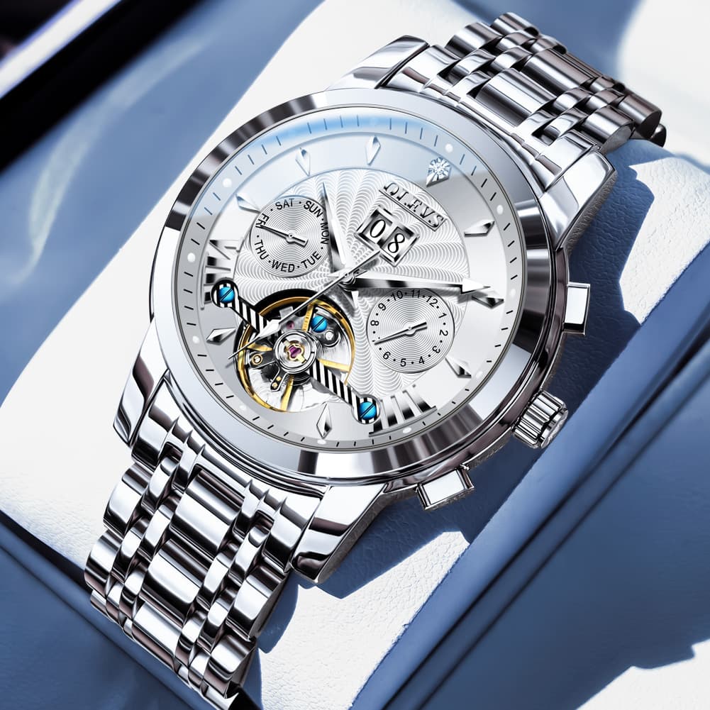 OLEVS Open Heart Multifunction Automatic Mechanical Watch 9965 Big Date for Men - Silver White Watch | Olevs Watch Store