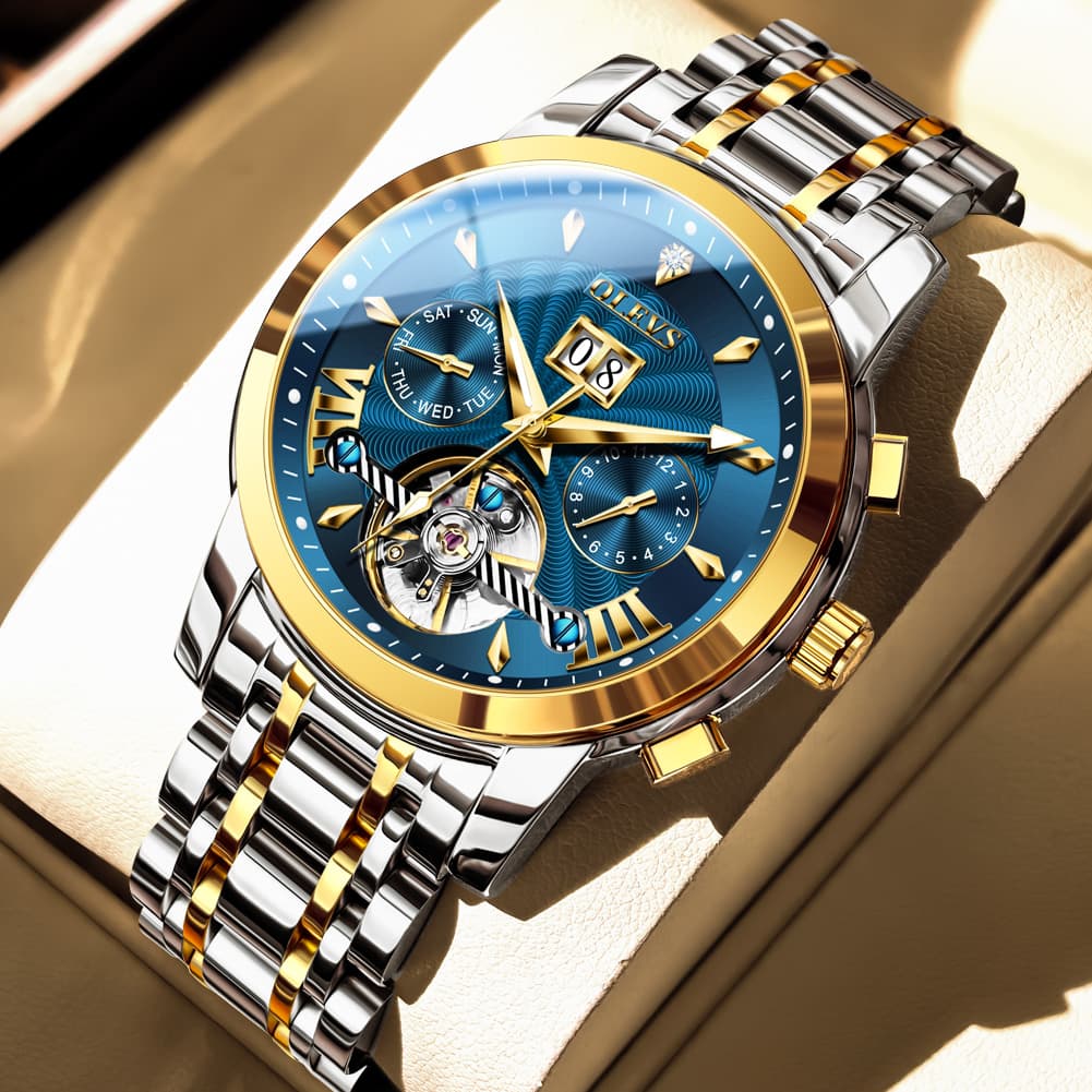 OLEVS Open Heart Multifunction Automatic Mechanical Watch 9965 Big Date for Men - Two Tone Blue Watch | Olevs Watch Store