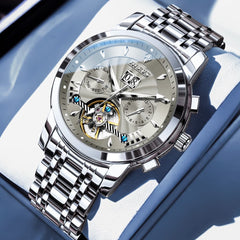 OLEVS Open Heart Multifunction Automatic Mechanical Watch 9965 Big Date for Men - Silver Gray Watch | Olevs Watch Store