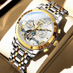 OLEVS Open Heart Multifunction Automatic Mechanical Watch 9965 Big Date for Men - Two Tone White Watch | Olevs Watch Store