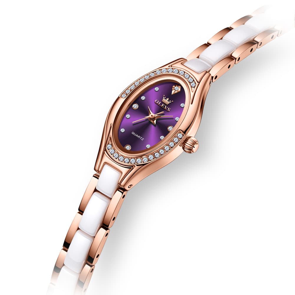 OLEVS Oval Ceramic Bracelet Diamond Watch 7131 for Women - Rose Purple Watch | Olevs Watch Store