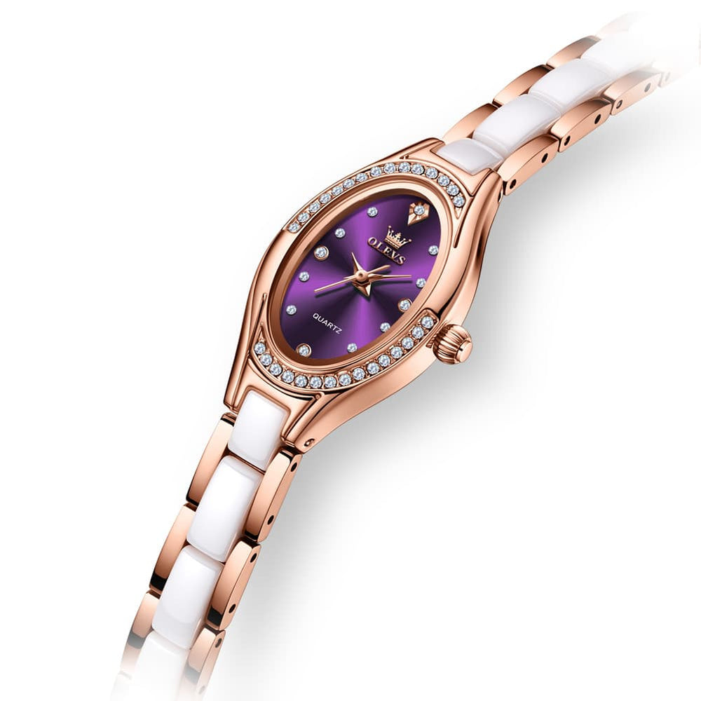 OLEVS Oval Ceramic Bracelet Diamond Watch 7131 for Women - Rose Purple Watch | Olevs Watch Store