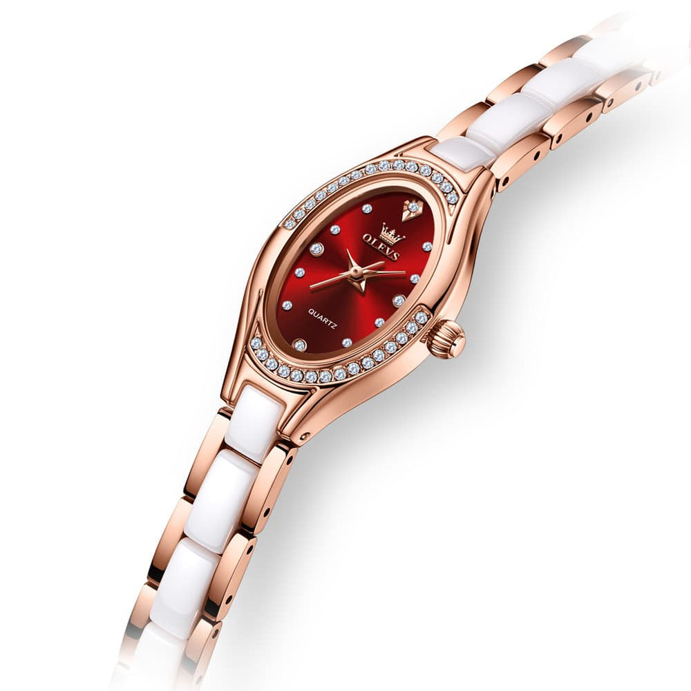 OLEVS Oval Ceramic Bracelet Diamond Watch 7131 for Women - Rose Red Watch | Olevs Watch Store