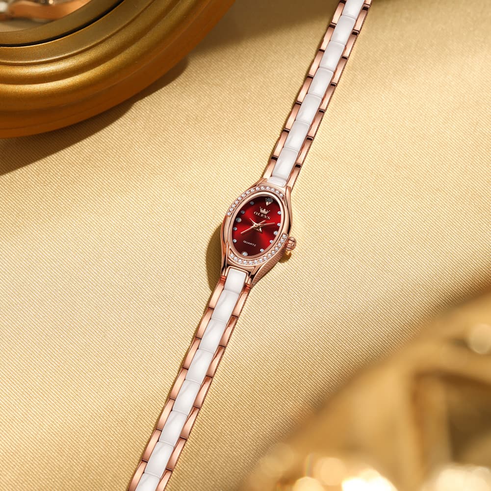 OLEVS Oval Ceramic Bracelet Diamond Watch 7131 for Women - Rose White Watch | Olevs Watch Store