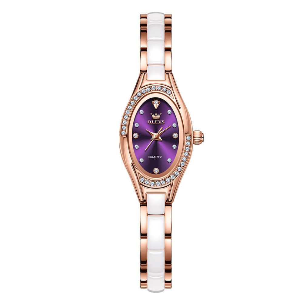OLEVS Oval Ceramic Bracelet Diamond Watch 7131 for Women - Rose White Watch | Olevs Watch Store
