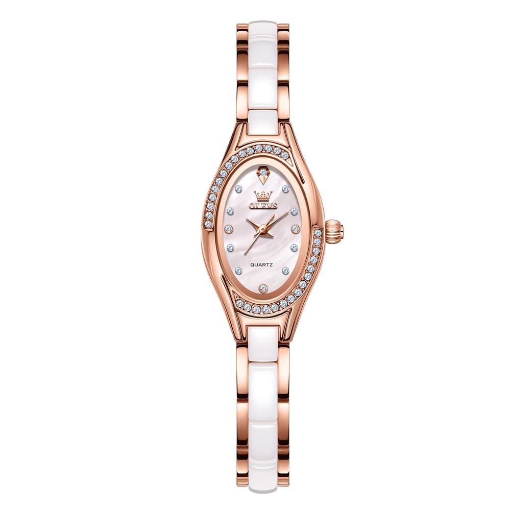 OLEVS Oval Ceramic Bracelet Diamond Watch 7131 for Women - Rose White Watch | Olevs Watch Store