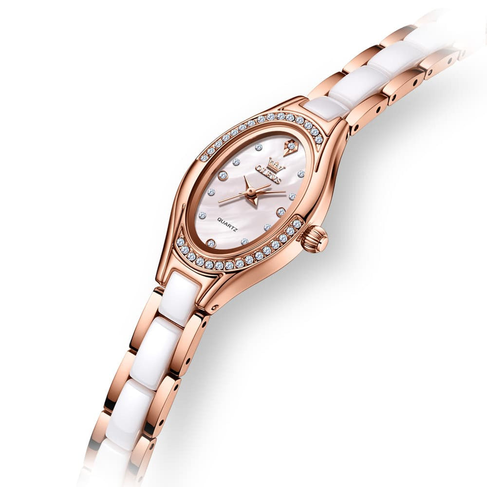 OLEVS Oval Ceramic Bracelet Diamond Watch 7131 for Women - Rose White Watch | Olevs Watch Store