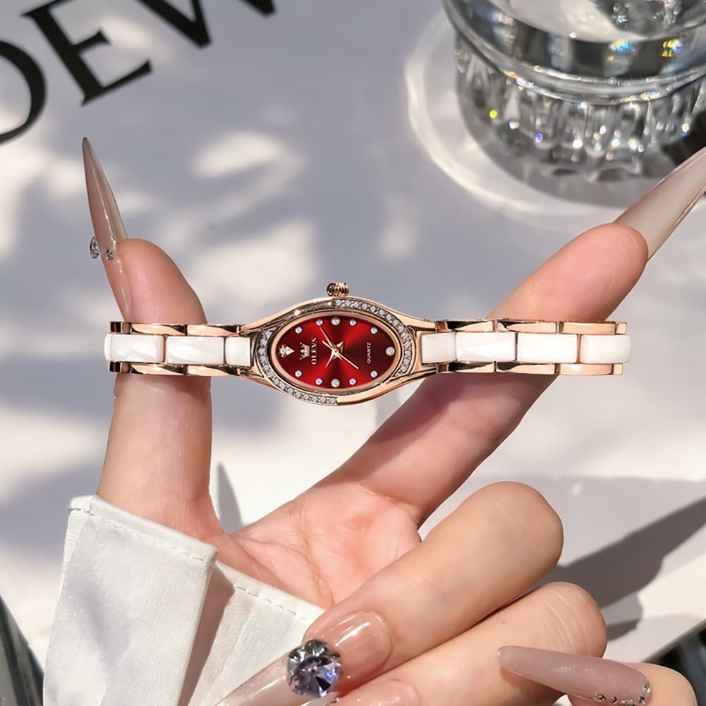 OLEVS Oval Ceramic Bracelet Diamond Watch 7131 for Women - Rose White Watch | Olevs Watch Store