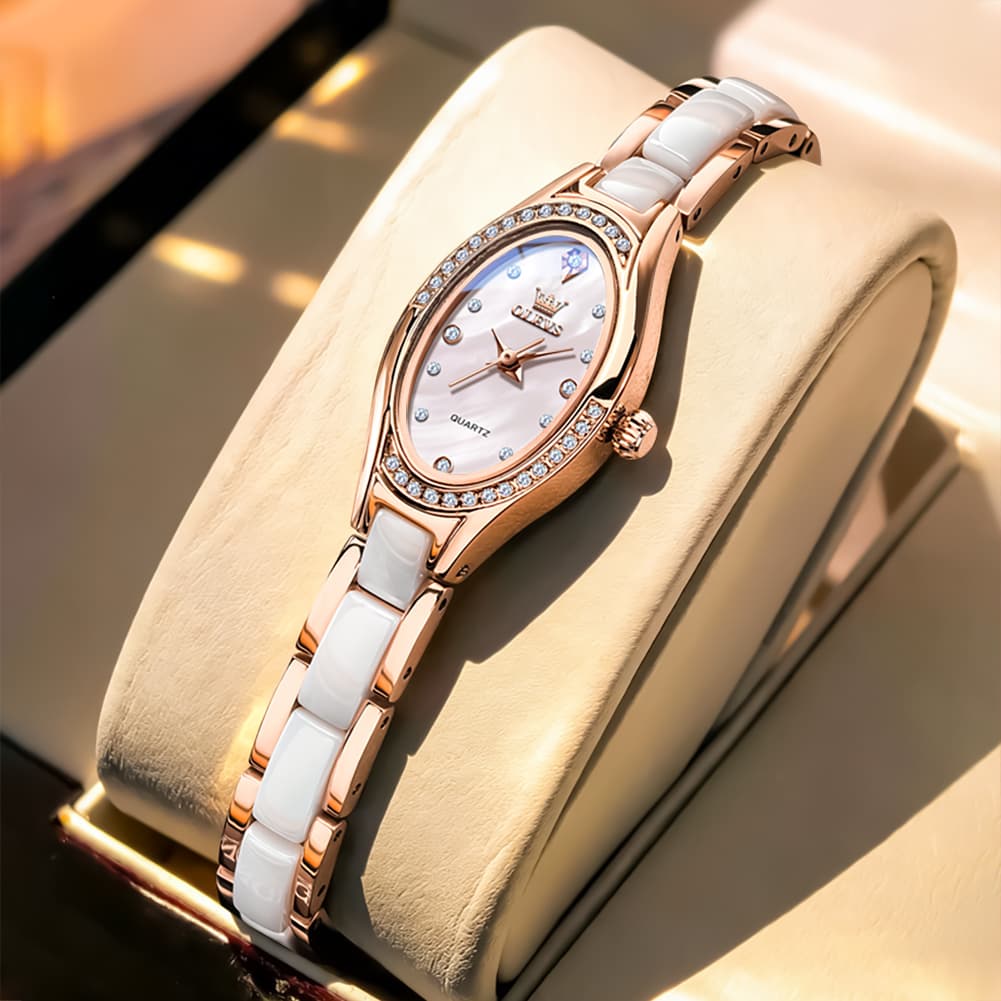 OLEVS Oval Ceramic Bracelet Diamond Watch 7131 for Women - Rose White Watch | Olevs Watch Store