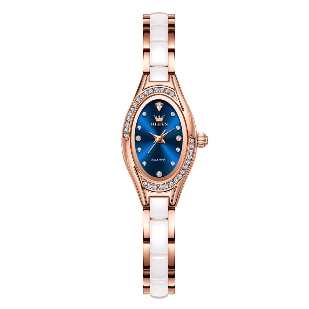 OLEVS Oval Ceramic Bracelet Diamond Watch 7131 for Women - Rose White Watch | Olevs Watch Store
