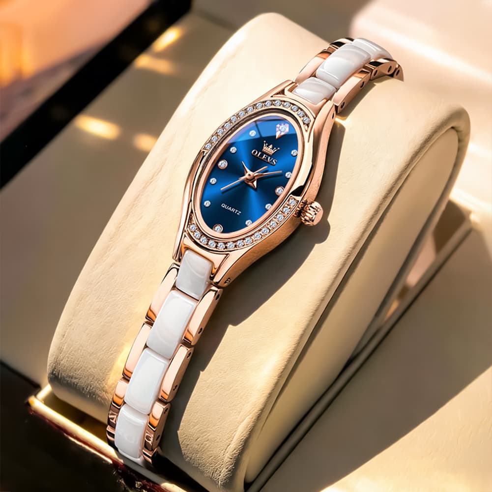 OLEVS Oval Ceramic Bracelet Diamond Watch 7131 for Women - Rose White Watch | Olevs Watch Store