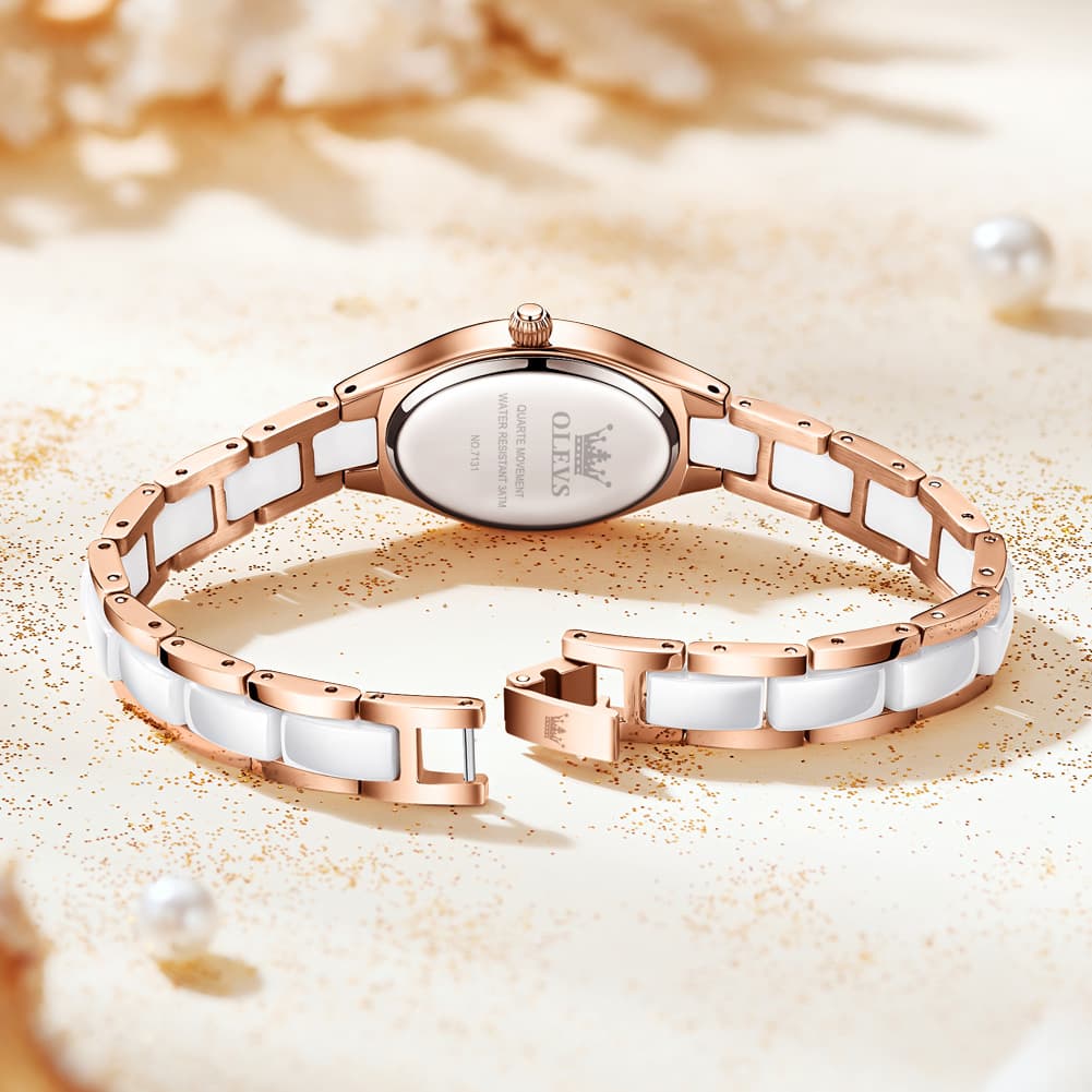 OLEVS Oval Ceramic Bracelet Diamond Watch 7131 for Women - Rose White Watch | Olevs Watch Store