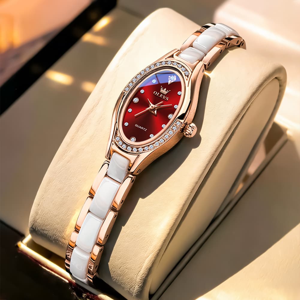 OLEVS Oval Ceramic Bracelet Diamond Watch 7131 for Women - Rose White Watch | Olevs Watch Store