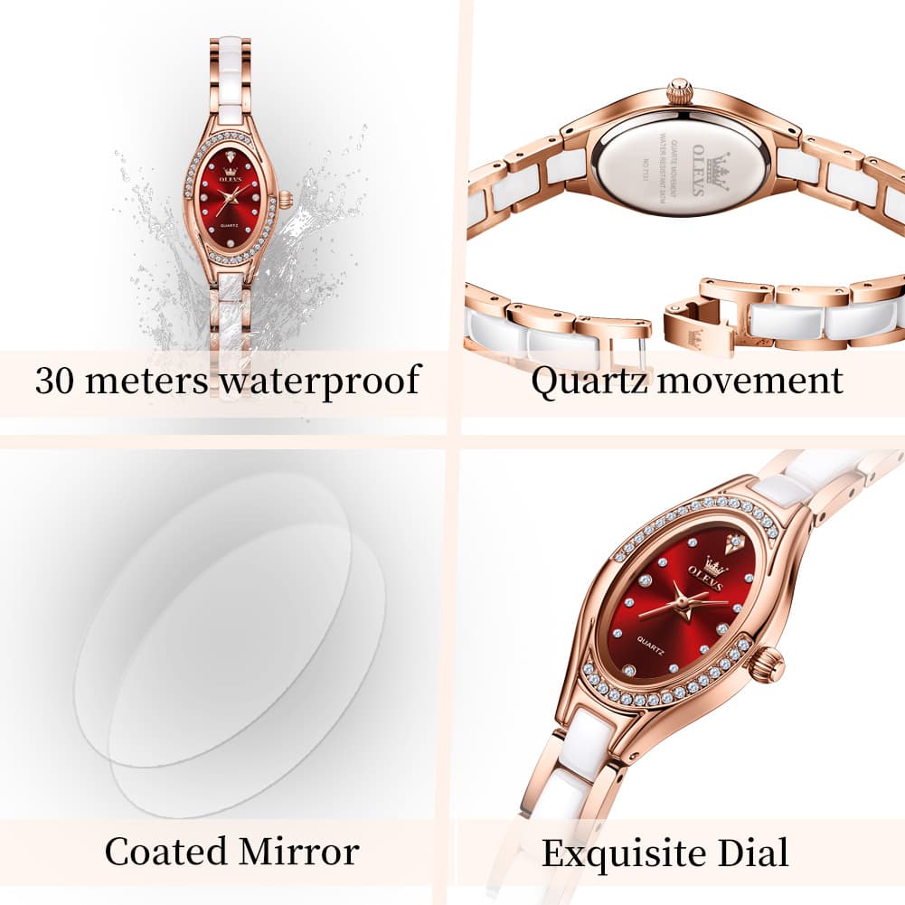 OLEVS Oval Ceramic Bracelet Diamond Watch 7131 for Women - Rose White Watch | Olevs Watch Store