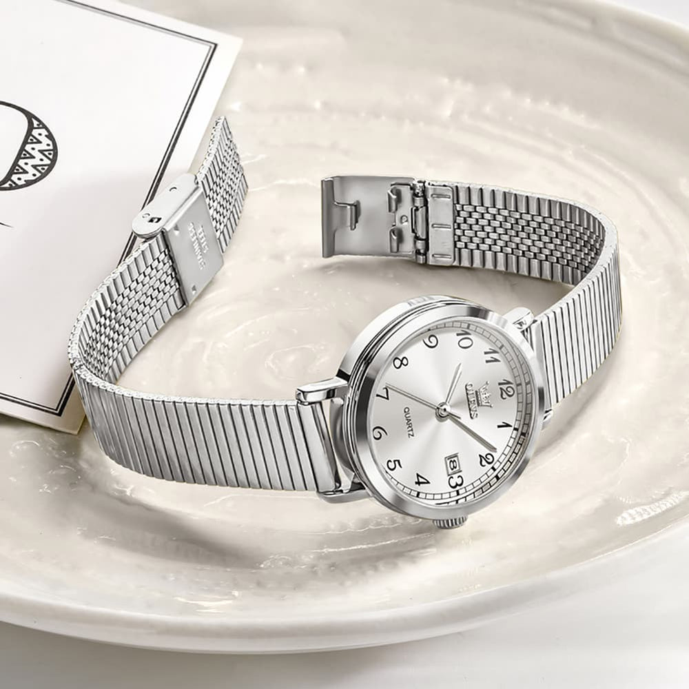 OLEVS Petite Minimalist Mesh Watch with Date 7130 for Women - Gold White Watch | Olevs Watch Store