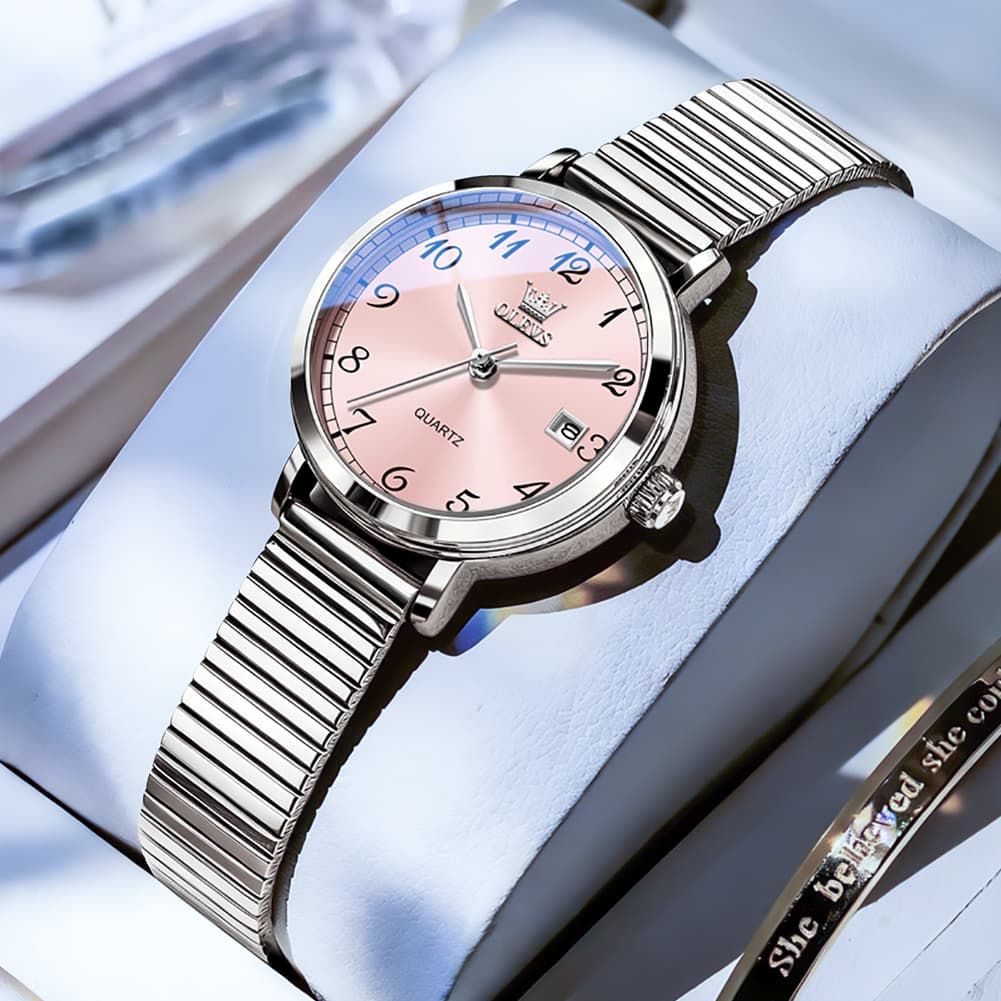 OLEVS Petite Minimalist Mesh Watch with Date 7130 for Women - Gold White Watch | Olevs Watch Store