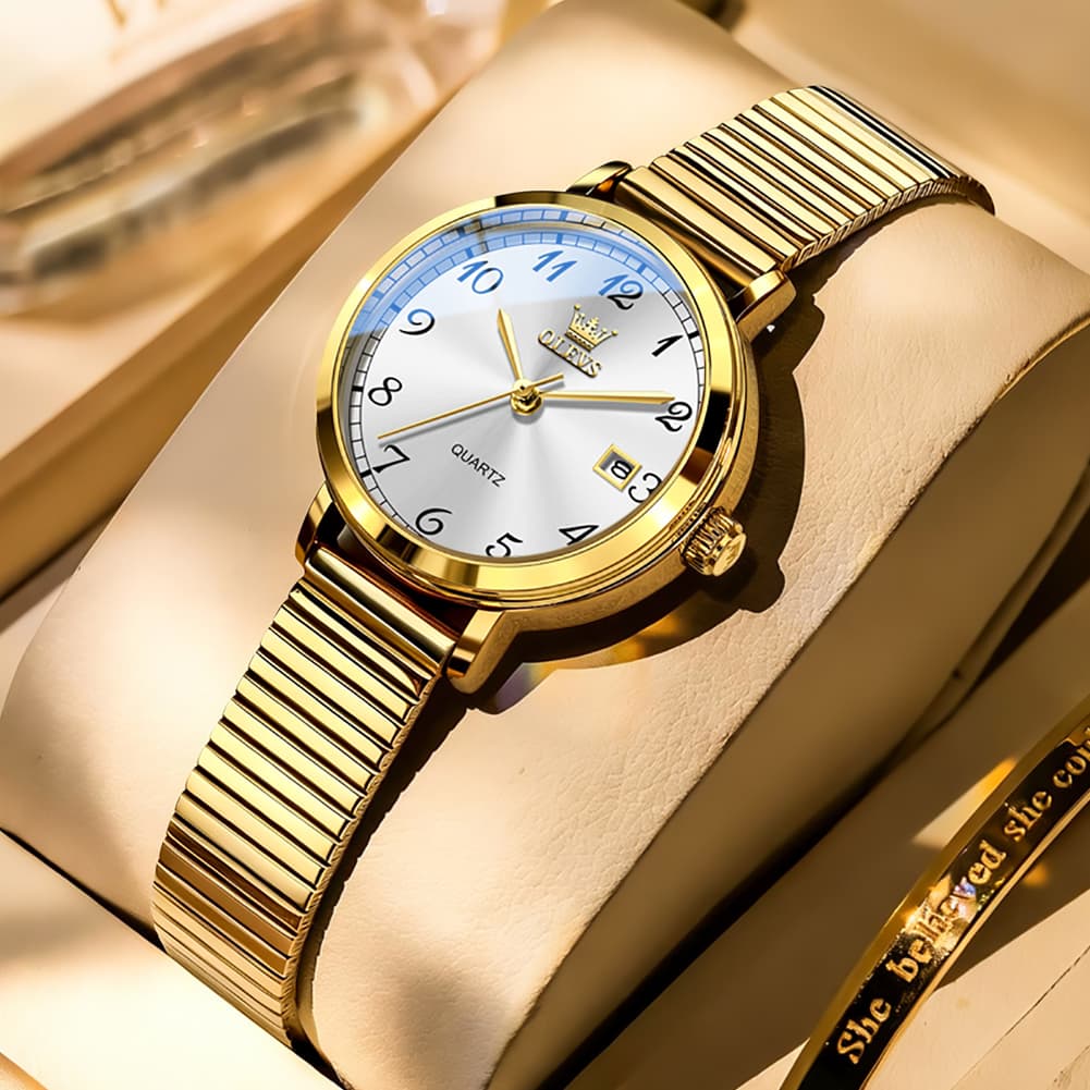 OLEVS Petite Minimalist Mesh Watch with Date 7130 for Women - Gold White Watch | Olevs Watch Store