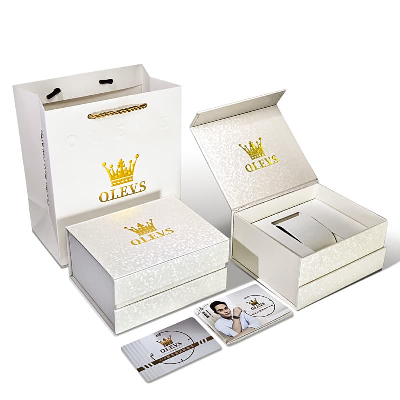 OLEVS Premium Textured White Flip-Top Watch Gift Box - Textured Off-White Watch | Olevs Watch Store