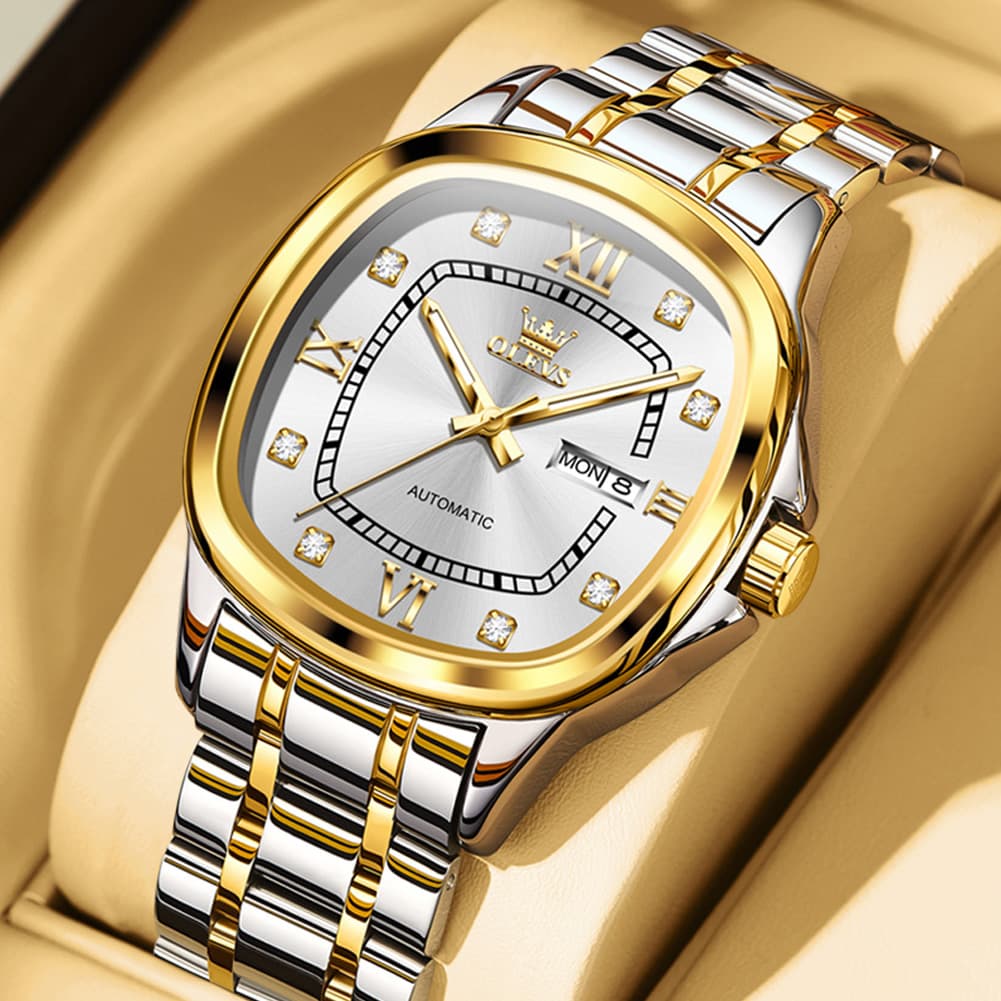 OLEVS Retro Square Diamond Dial Automatic Mechanical Watch 9810 for Men and Women - Men TwoTone Watch | Olevs Watch Store