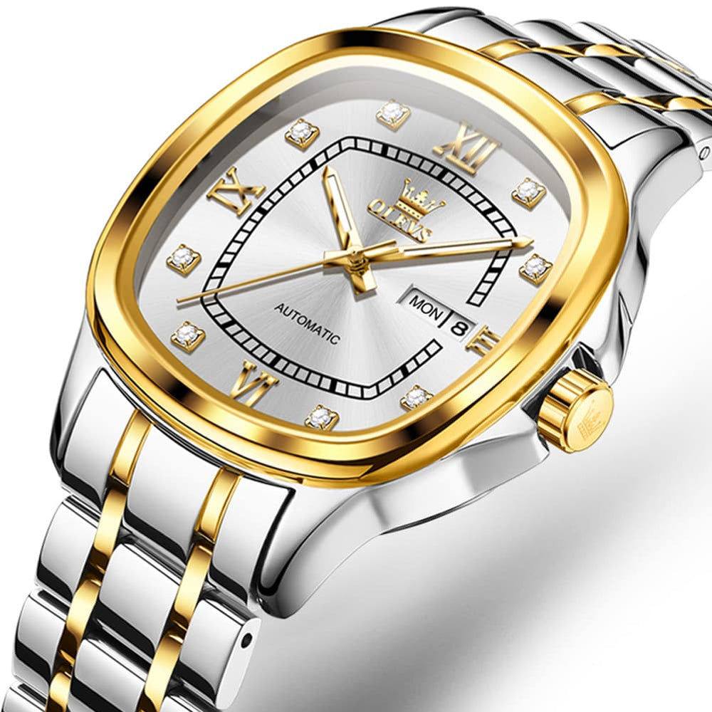 OLEVS Retro Square Diamond Dial Automatic Mechanical Watch 9810 for Men and Women - Women Silver Watch | Olevs Watch Store