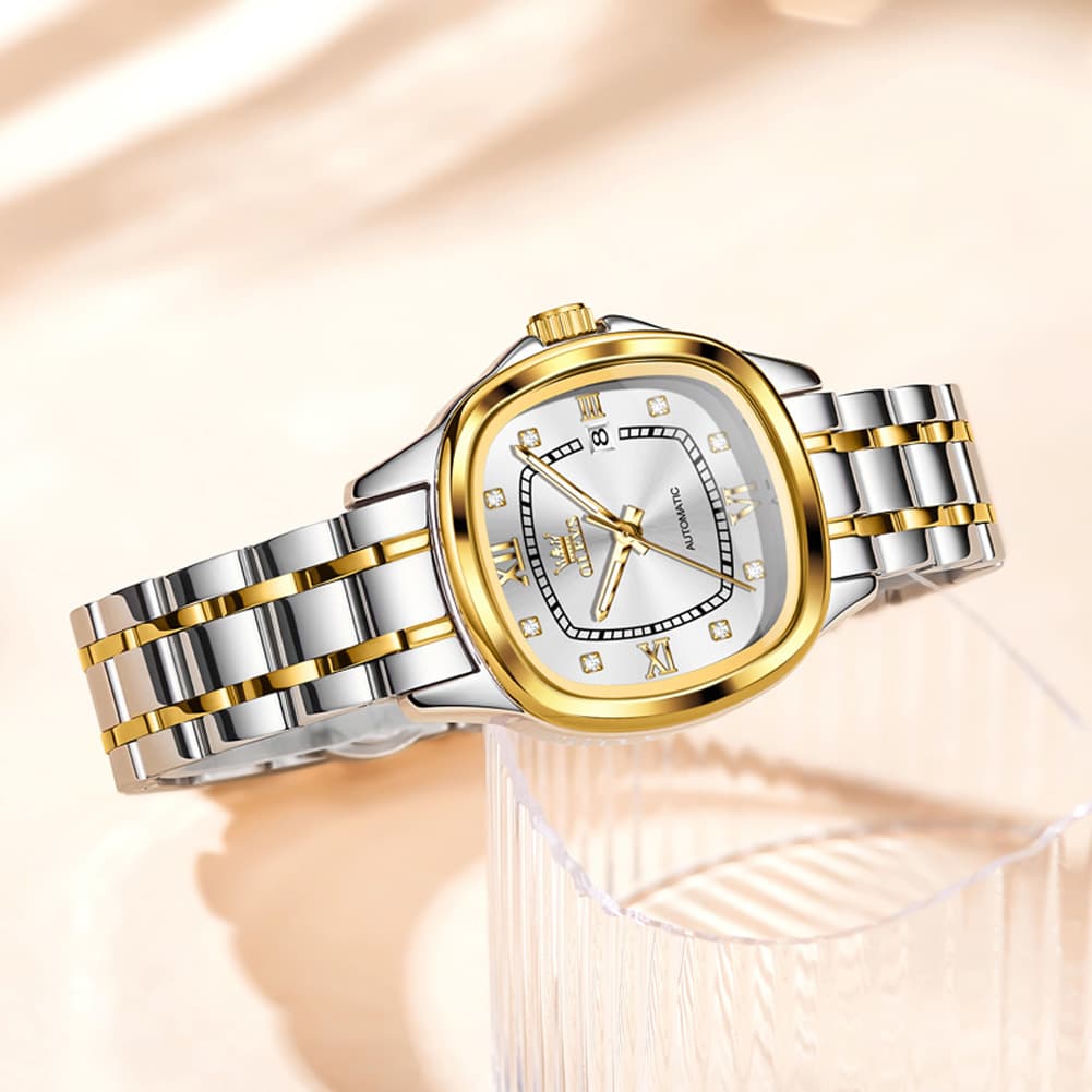 OLEVS Retro Square Diamond Dial Automatic Mechanical Watch 9810 for Men and Women - Women Silver Watch | Olevs Watch Store