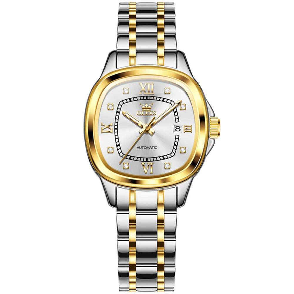 OLEVS Retro Square Diamond Dial Automatic Mechanical Watch 9810 for Men and Women - Women Silver Watch | Olevs Watch Store