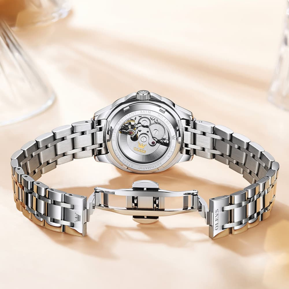 OLEVS Retro Square Diamond Dial Automatic Mechanical Watch 9810 for Men and Women - Women Silver Watch | Olevs Watch Store